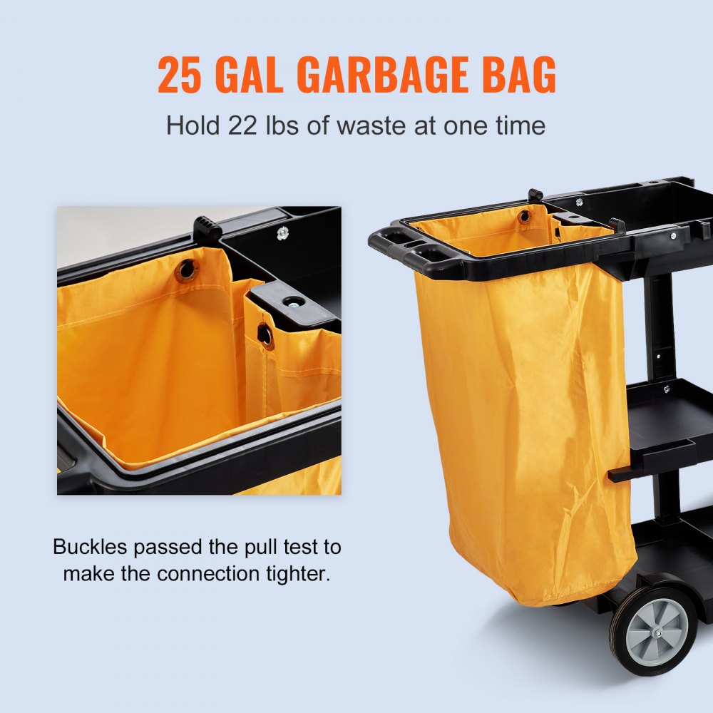 VEVOR Cleaning Cart, 3-Shelf Commercial Janitorial Cart, 200 lbs Capacity Plastic Housekeeping Cart, with 25 Gallon PVC Bag, 47