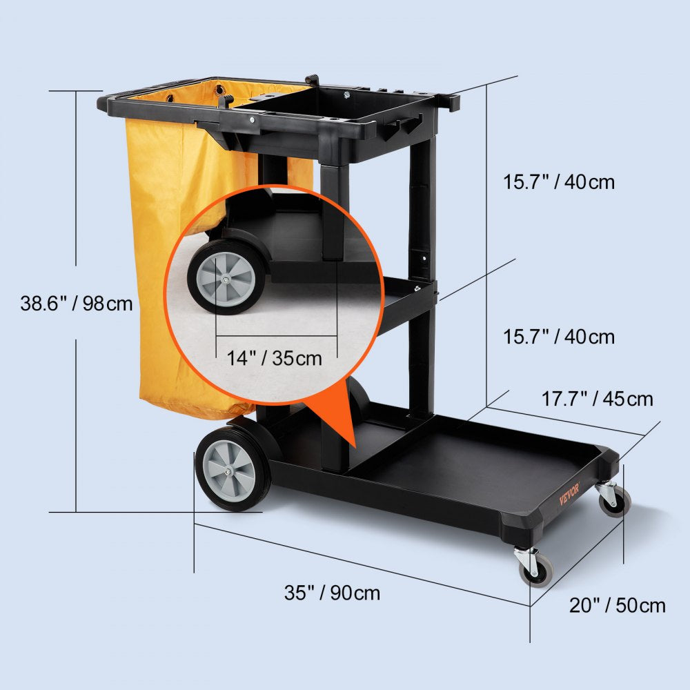 VEVOR Cleaning Cart, 3-Shelf Commercial Janitorial Cart, 200 lbs Capacity Plastic Housekeeping Cart, with 25 Gallon PVC Bag, 47