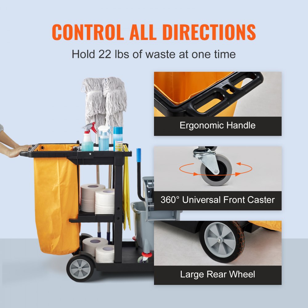 VEVOR Cleaning Cart, 3-Shelf Commercial Janitorial Cart, 200 lbs Capacity Plastic Housekeeping Cart, with 25 Gallon PVC Bag, 47