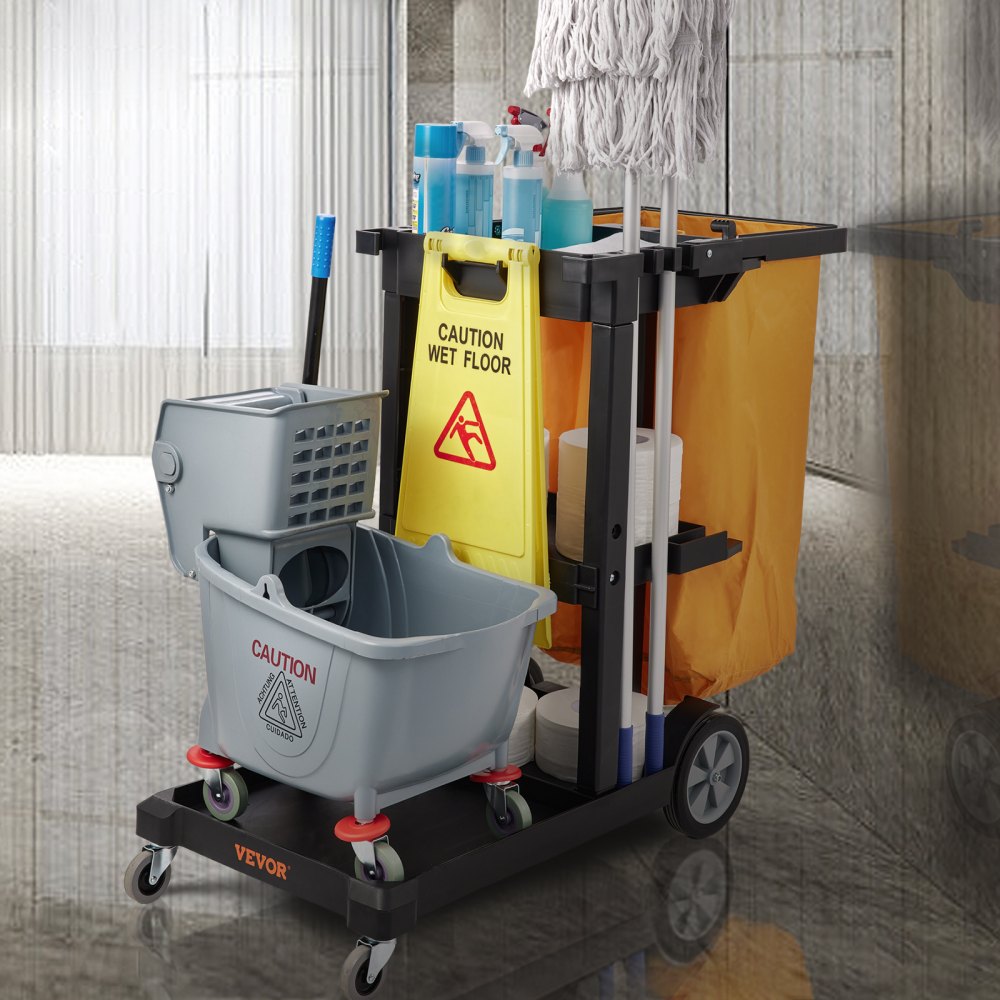 VEVOR Cleaning Cart, 3-Shelf Commercial Janitorial Cart, 200 lbs Capacity Plastic Housekeeping Cart, with 25 Gallon PVC Bag, 47