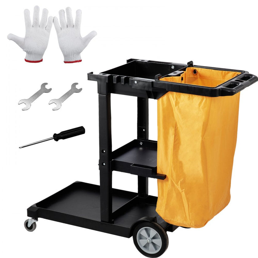 VEVOR Cleaning Cart, 3-Shelf Commercial Janitorial Cart, 200 lbs Capacity Plastic Housekeeping Cart, with 25 Gallon PVC Bag, 47