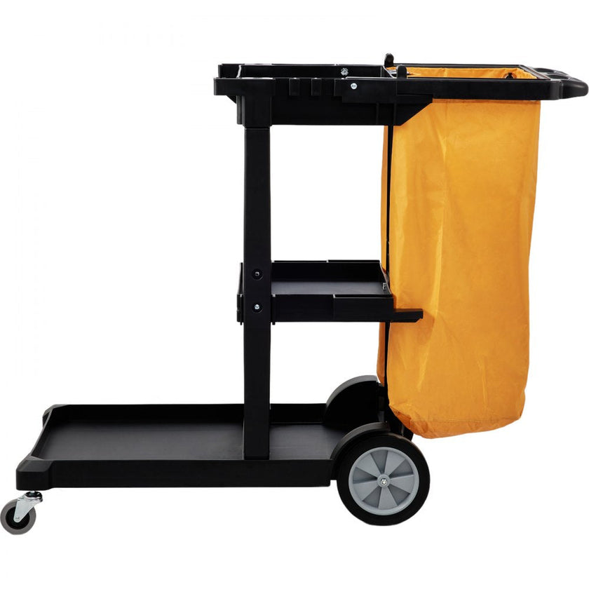 VEVOR Cleaning Cart, 3-Shelf Commercial Janitorial Cart, 200 lbs Capacity Plastic Housekeeping Cart, with 25 Gallon PVC Bag, 47