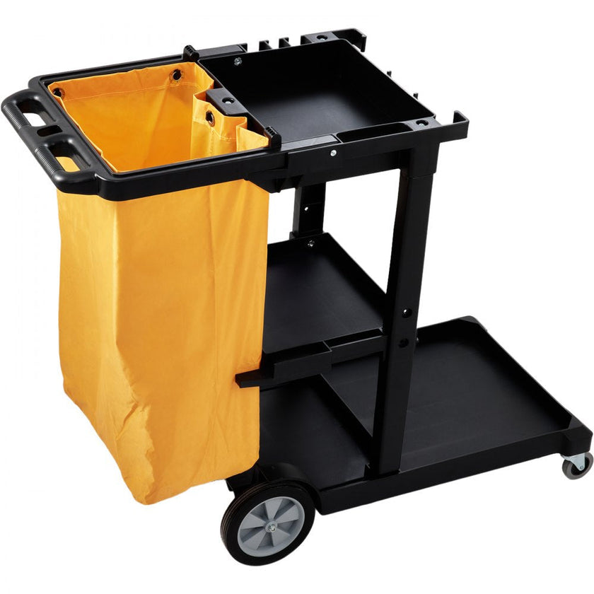 VEVOR Cleaning Cart, 3-Shelf Commercial Janitorial Cart, 200 lbs Capacity Plastic Housekeeping Cart, with 25 Gallon PVC Bag, 47