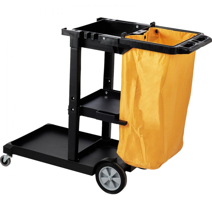 VEVOR Cleaning Cart, 3-Shelf Commercial Janitorial Cart, 200 lbs Capacity Plastic Housekeeping Cart, with 25 Gallon PVC Bag, 47