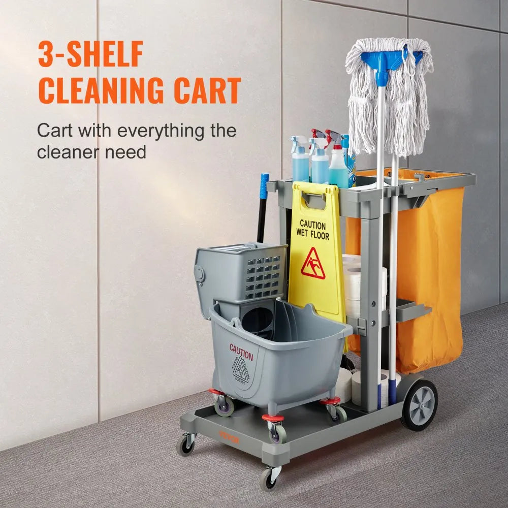 VEVOR Cleaning Cart, 3-Shelf Commercial Janitorial Cart, 200 lbs Capacity Plastic Housekeeping Cart, with 25 Gallon PVC Bag, 47
