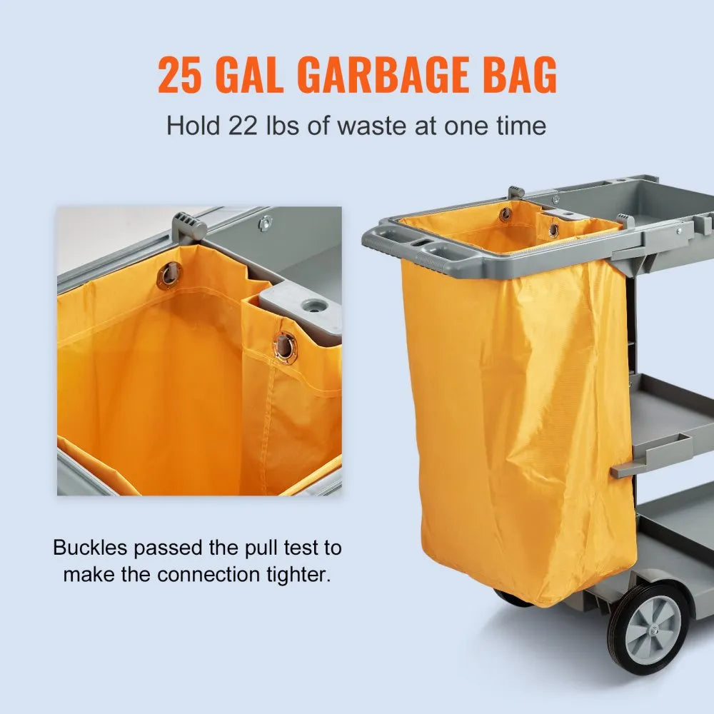 VEVOR Cleaning Cart, 3-Shelf Commercial Janitorial Cart, 200 lbs Capacity Plastic Housekeeping Cart, with 25 Gallon PVC Bag, 47