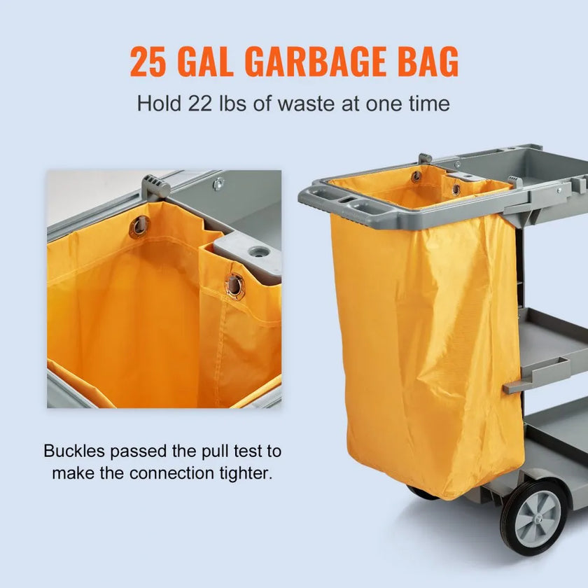 VEVOR Cleaning Cart, 3-Shelf Commercial Janitorial Cart, 200 lbs Capacity Plastic Housekeeping Cart, with 25 Gallon PVC Bag, 47
