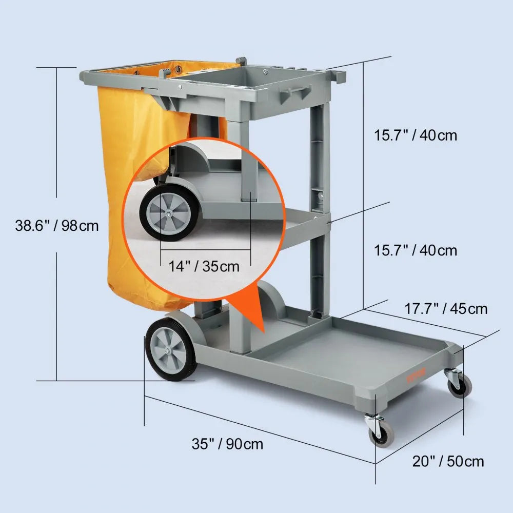 VEVOR Cleaning Cart, 3-Shelf Commercial Janitorial Cart, 200 lbs Capacity Plastic Housekeeping Cart, with 25 Gallon PVC Bag, 47