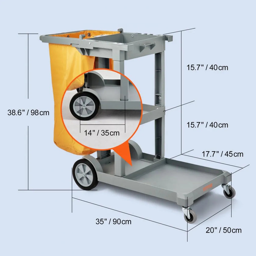 VEVOR Cleaning Cart, 3-Shelf Commercial Janitorial Cart, 200 lbs Capacity Plastic Housekeeping Cart, with 25 Gallon PVC Bag, 47