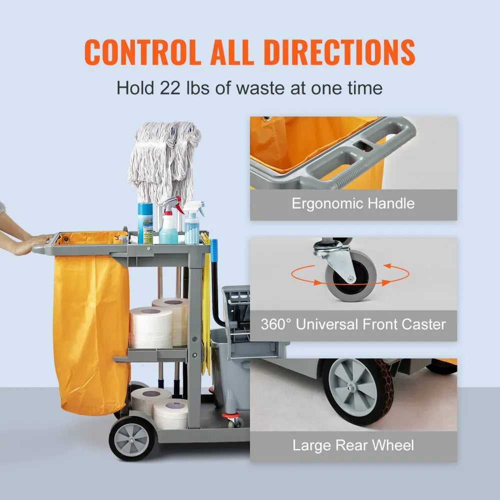 VEVOR Cleaning Cart, 3-Shelf Commercial Janitorial Cart, 200 lbs Capacity Plastic Housekeeping Cart, with 25 Gallon PVC Bag, 47