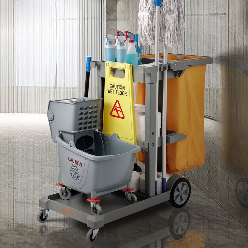 VEVOR Cleaning Cart, 3-Shelf Commercial Janitorial Cart, 200 lbs Capacity Plastic Housekeeping Cart, with 25 Gallon PVC Bag, 47