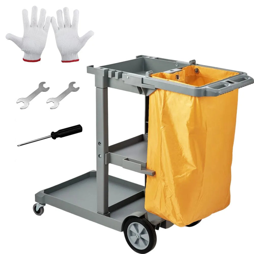VEVOR Cleaning Cart, 3-Shelf Commercial Janitorial Cart, 200 lbs Capacity Plastic Housekeeping Cart, with 25 Gallon PVC Bag, 47