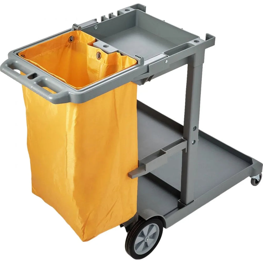 VEVOR Cleaning Cart, 3-Shelf Commercial Janitorial Cart, 200 lbs Capacity Plastic Housekeeping Cart, with 25 Gallon PVC Bag, 47