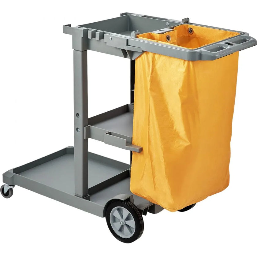 VEVOR Cleaning Cart, 3-Shelf Commercial Janitorial Cart, 200 lbs Capacity Plastic Housekeeping Cart, with 25 Gallon PVC Bag, 47
