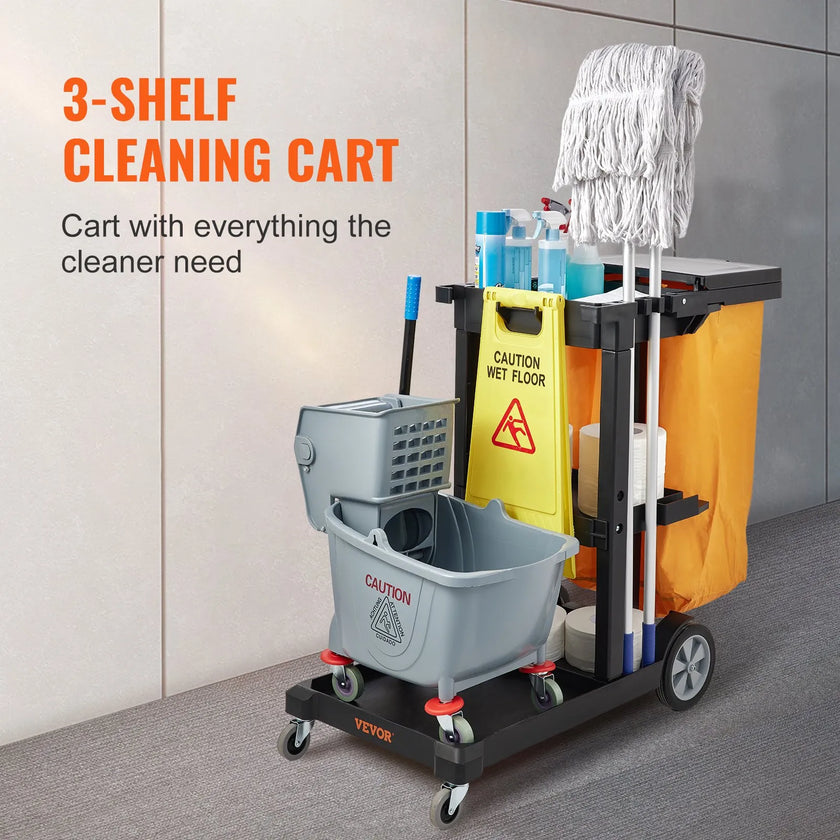 VEVOR Cleaning Cart, 3-Shelf Commerical Janitorial Cart, 200 lbs Capacity Plastic Housekeeping Cart, with 25 Gallon PVC Bag and Cover, 47