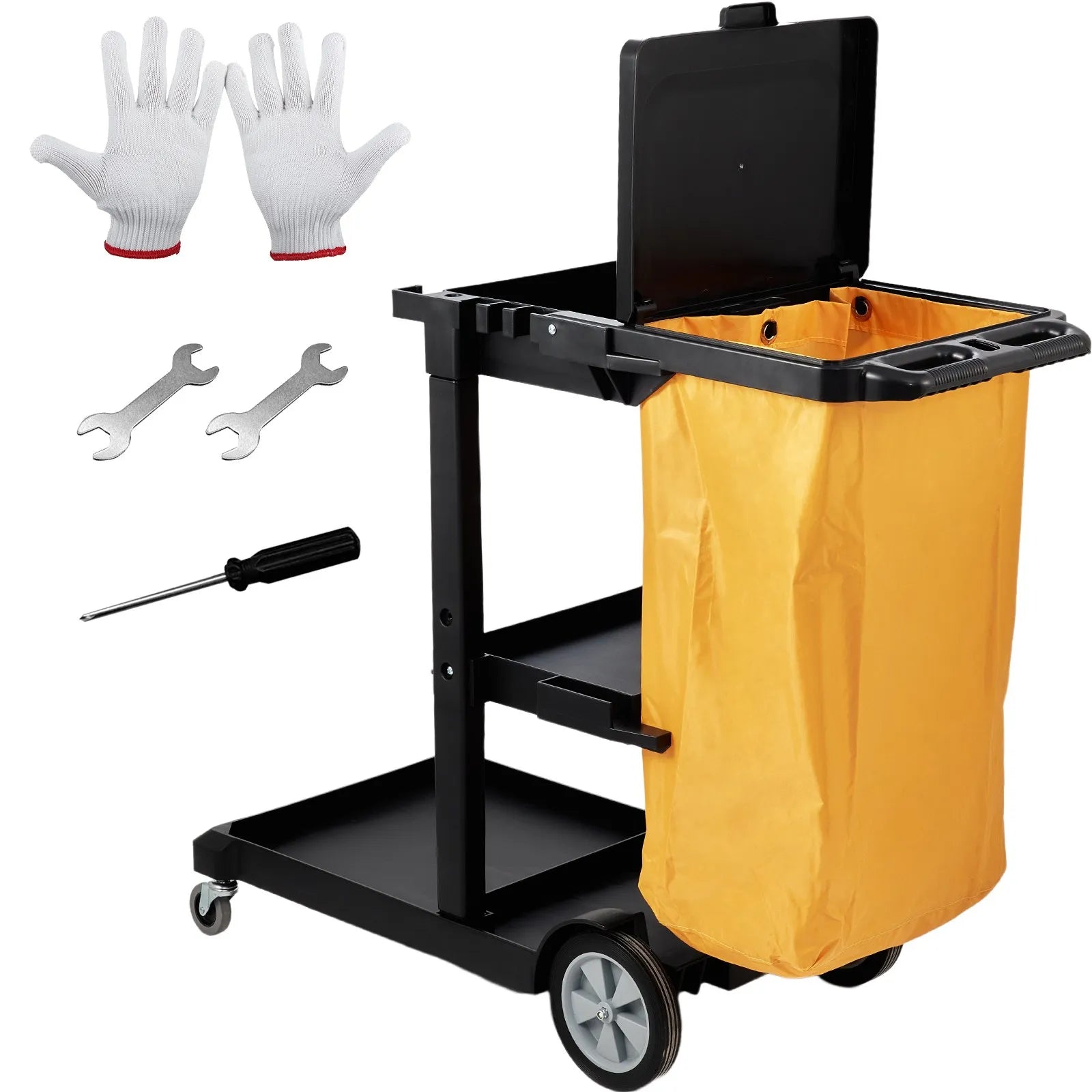 VEVOR Cleaning Cart, 3-Shelf Commerical Janitorial Cart, 200 lbs Capacity Plastic Housekeeping Cart, with 25 Gallon PVC Bag and Cover, 47