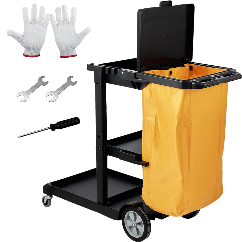 VEVOR Cleaning Cart, 3-Shelf Commerical Janitorial Cart, 200 lbs Capacity Plastic Housekeeping Cart, with 25 Gallon PVC Bag and Cover, 47