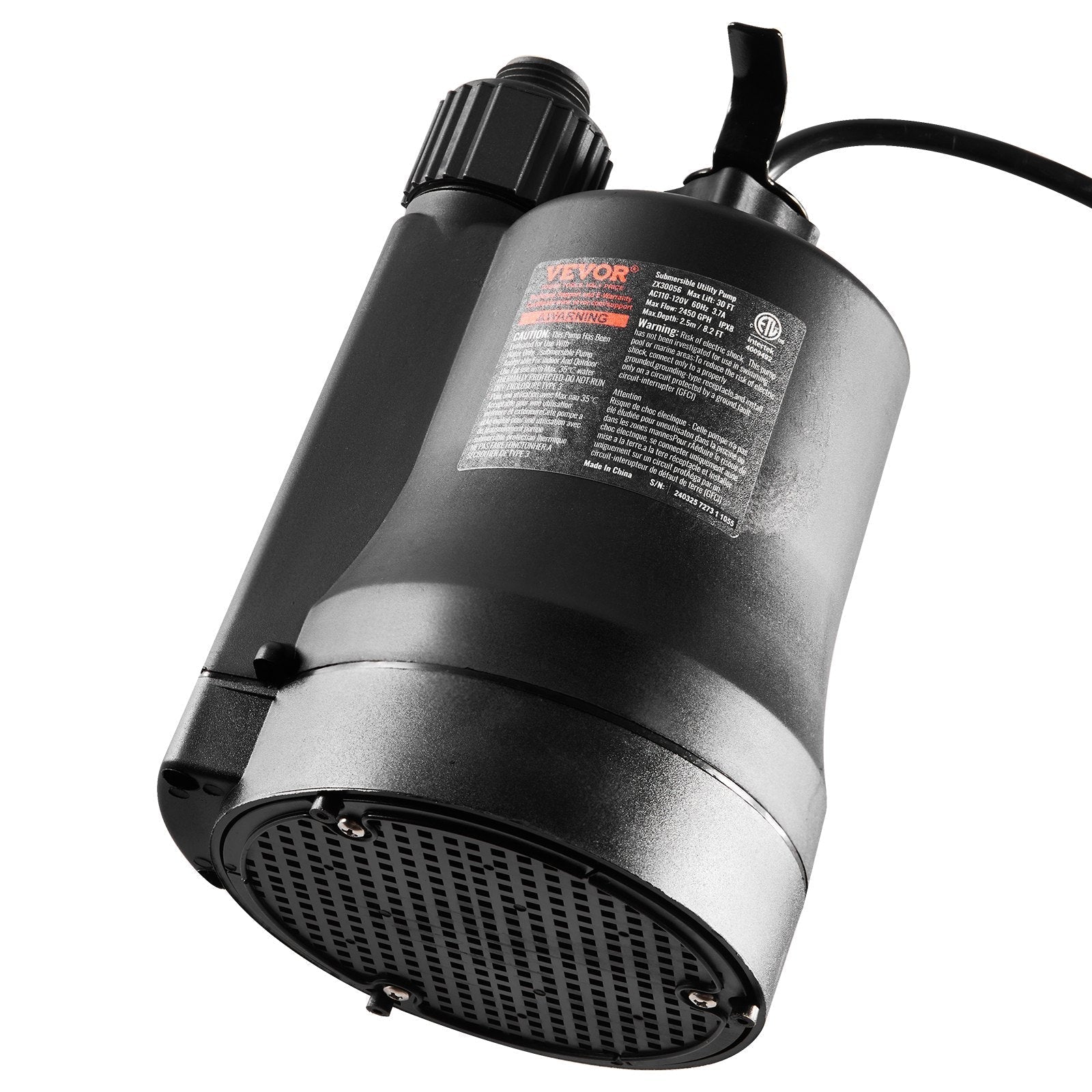 VEVOR Utility Pump, 1/3 HP, 2450 GPH High Flow, 30 ft Head, Sump Pump Submersible Water Pump Portable Utility Pump with 10 ft Long Power Cord for Draining Water from Swimming Pool Garden Pond Basement
