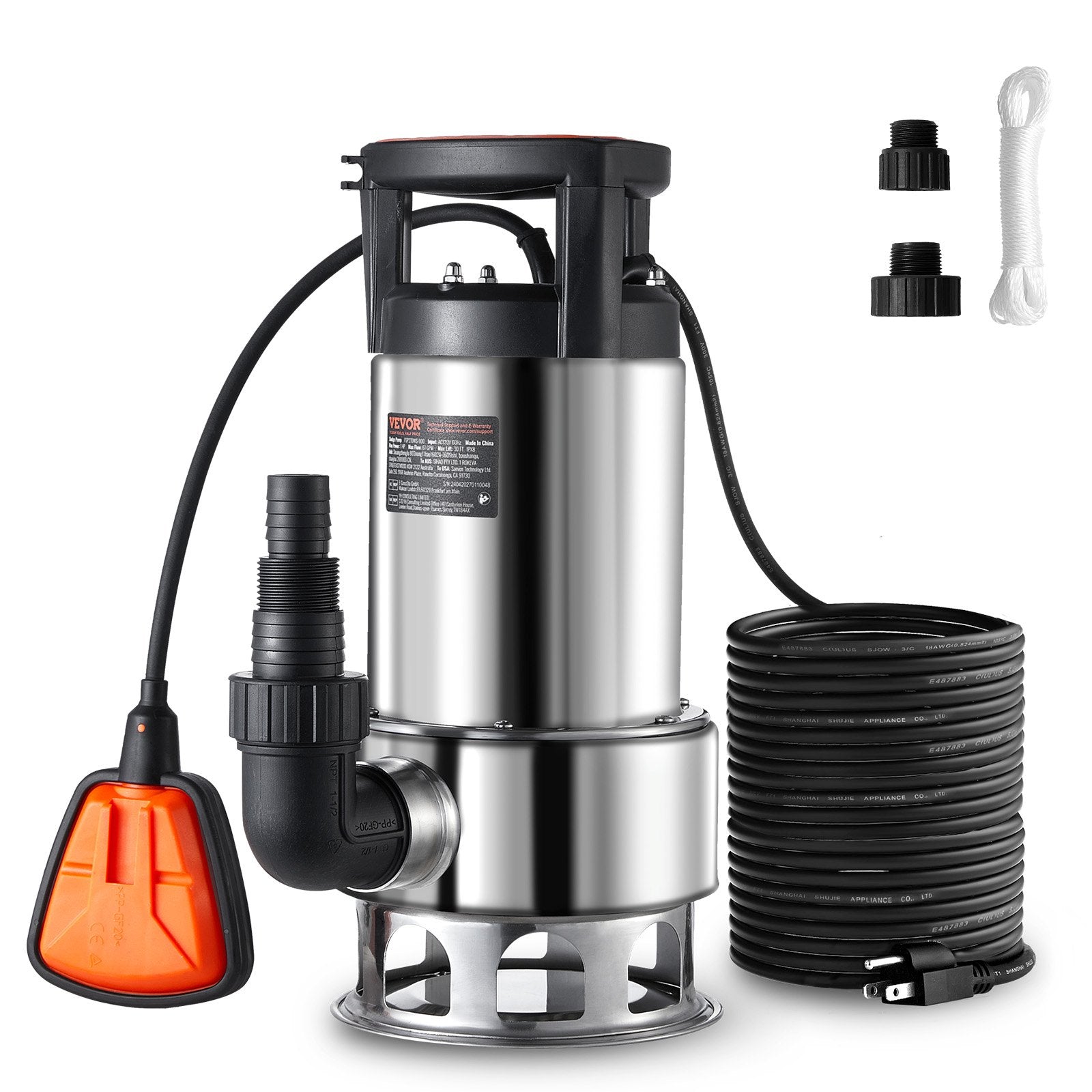 VEVOR 1HP Sump Pump, 4020GPH, 30FT Lift Stainless Steel Submersible Sludge Pump with 26FT Power Cord Automatic ON/OFF Float Switch, Drain Clean/Dirty Water for Basement Flood Pool Pond Garden Hot Tub