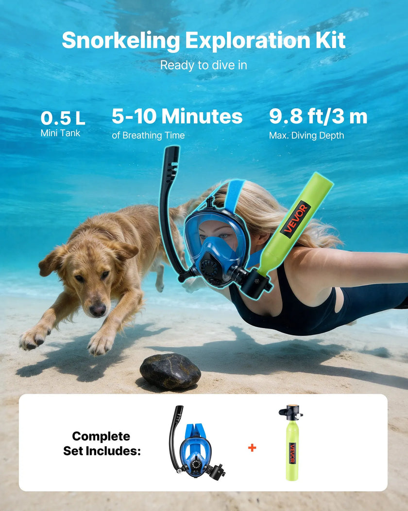 VEVOR Mini Scuba Tank with Full-Face Mask, 0.5L Portable Diving Air Tank, Up to 10 Minutes Underwater Breathing for Snorkeling & Shallow Water Use