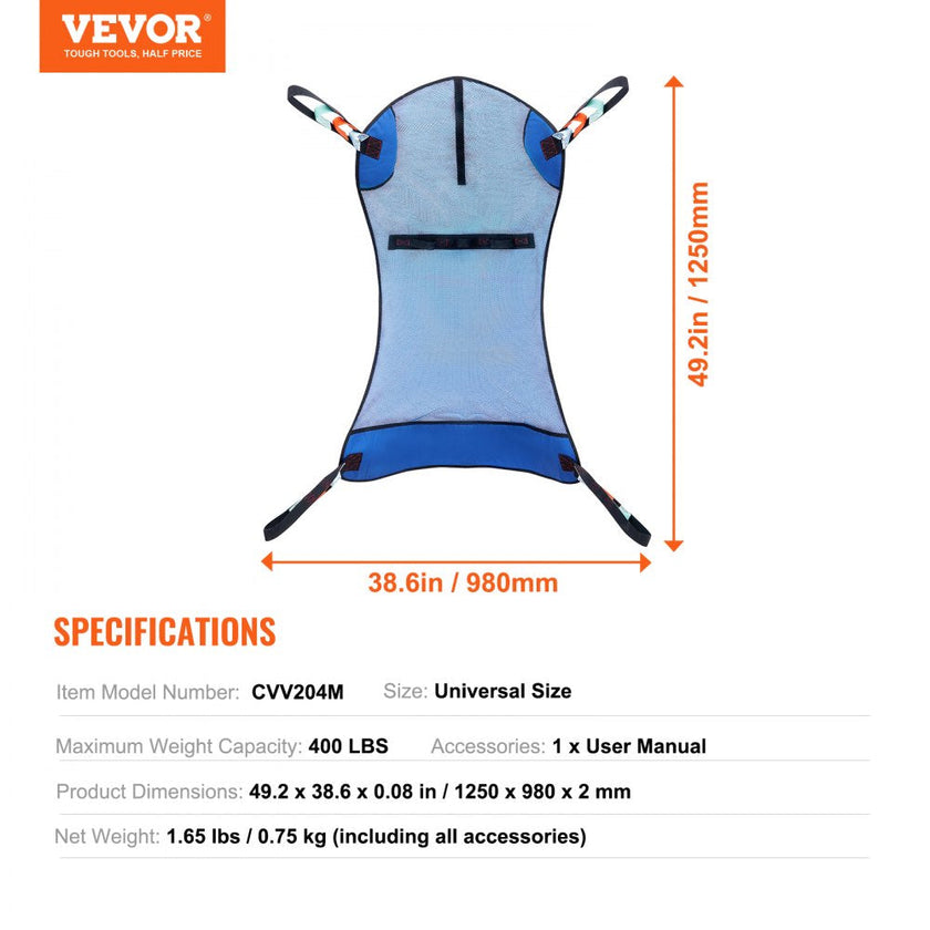 VEVOR Universal Full Body Patient Lift Sling Patient Lift Medical Sling 400LBS