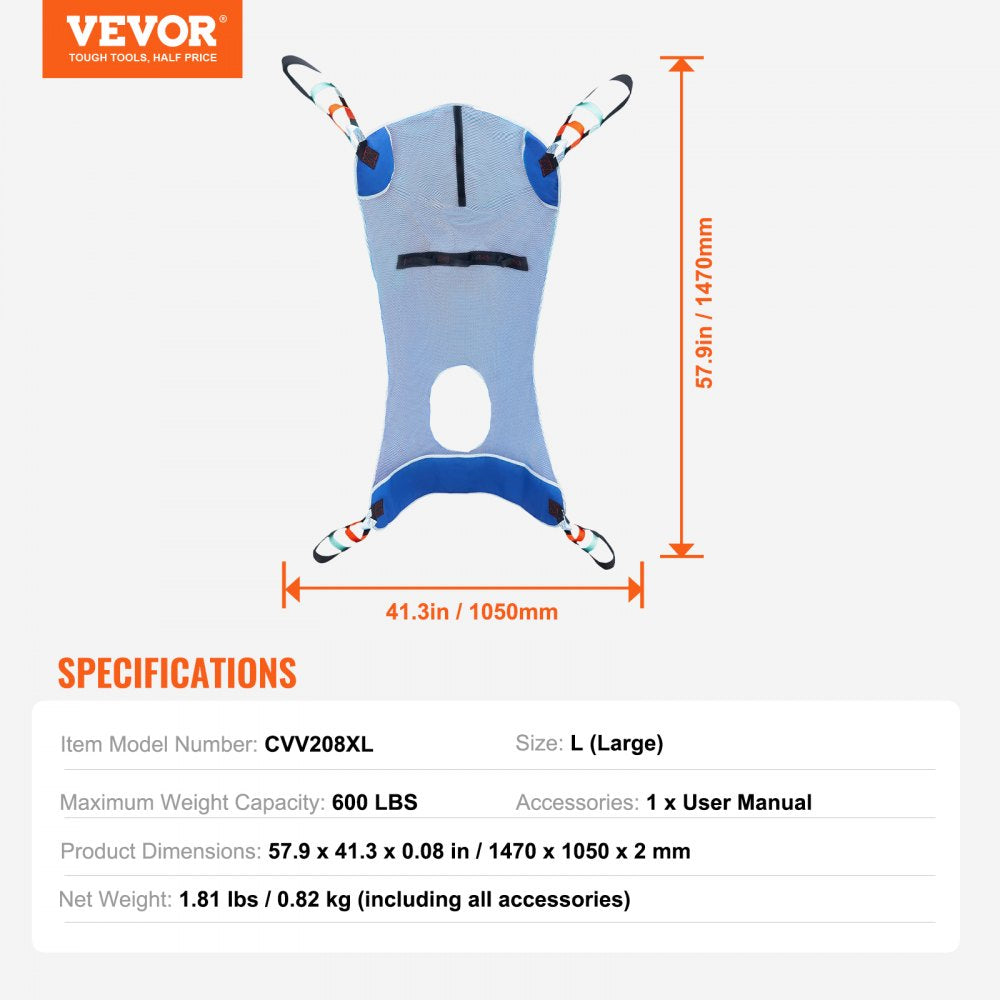VEVOR Full Body Patient Lift Sling with Commode Opening Medical Aid Sling L-Size
