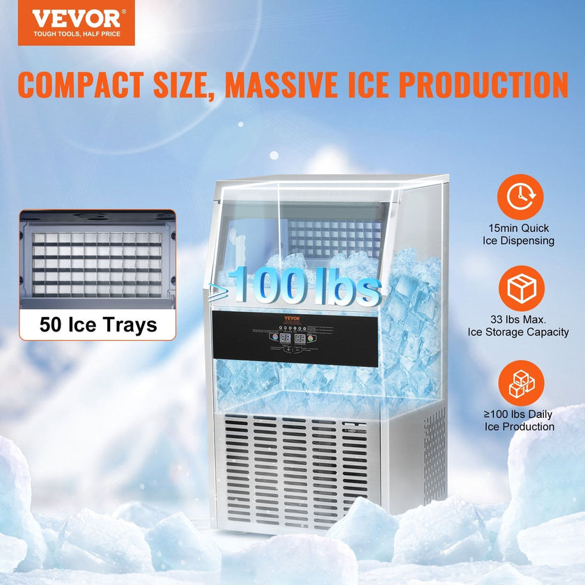 VEVOR Commercial Ice Maker, 100lbs/24H, Ice Maker Machine, 50 Ice Cubes in 12-15 Minutes, Freestanding Cabinet Ice Maker with 33lbs Storage Capacity LED Digital Display, for Bar Home Office Restaurant