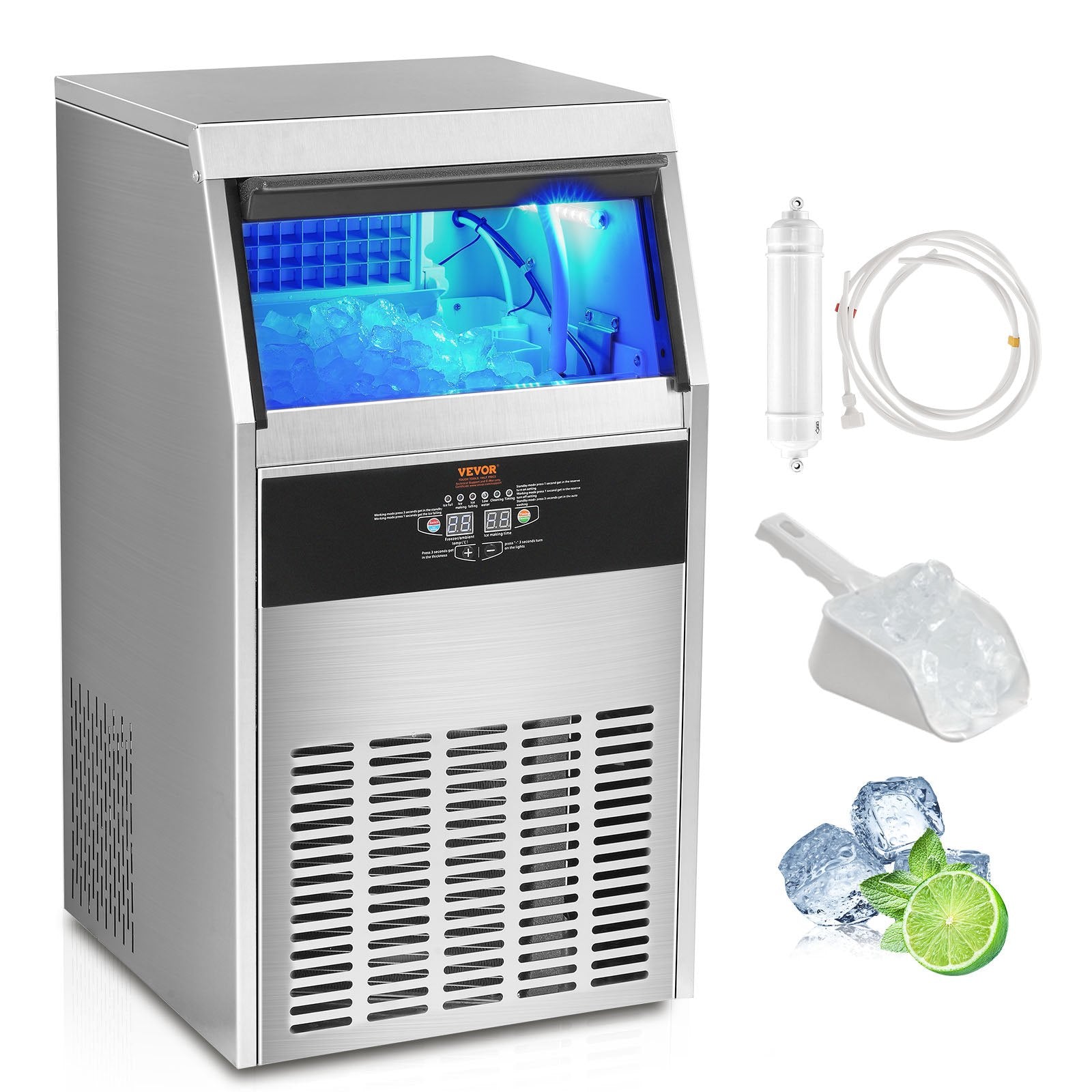 VEVOR Commercial Ice Maker, 130lbs/24H, Ice Maker Machine, 60 Ice Cubes in 12-15 Minutes, Freestanding Cabinet Ice Maker with 33lbs Storage Capacity LED Digital Display, for Bar Home Office Restaurant