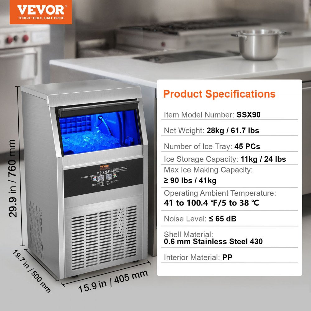 VEVOR Commercial Ice Maker, 90lbs/24H, Ice Maker Machine, 45 Ice Cubes in 12-15 Minutes, Freestanding Cabinet Ice Maker with 24lbs Storage Capacity LED Digital Display, for Bar Home Office Restaurant