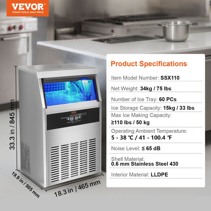 VEVOR Commercial Ice Maker, 110lbs/24H, Ice Maker Machine, 60 Ice Cubes in 12-15 Minutes, Freestanding Cabinet Ice Maker with 33lbs Storage Capacity LED Digital Display, for Bar Home Office Restaurant