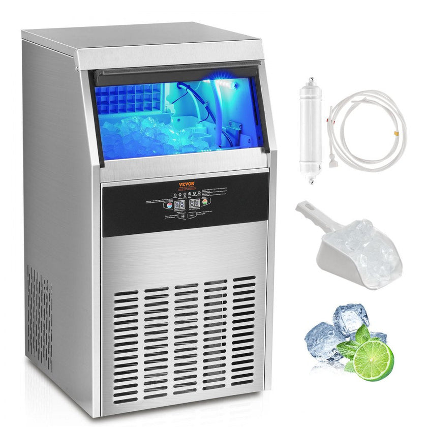 VEVOR Commercial Ice Maker, 110lbs/24H, Ice Maker Machine, 60 Ice Cubes in 12-15 Minutes, Freestanding Cabinet Ice Maker with 33lbs Storage Capacity LED Digital Display, for Bar Home Office Restaurant