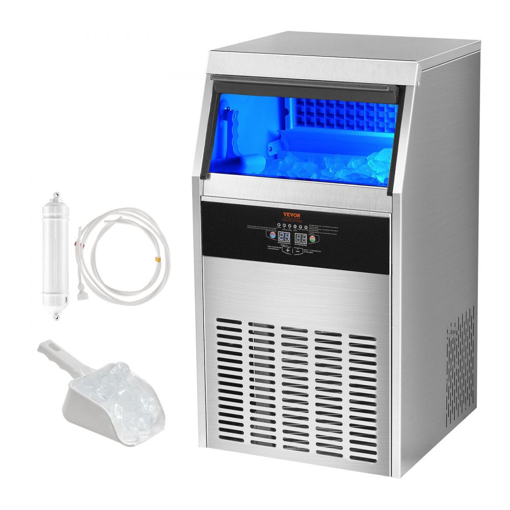 VEVOR Commercial Ice Maker, 110lbs/24H, Ice Maker Machine, 60 Ice Cubes in 12-15 Minutes, Freestanding Cabinet Ice Maker with 33lbs Storage Capacity LED Digital Display, for Bar Home Office Restaurant