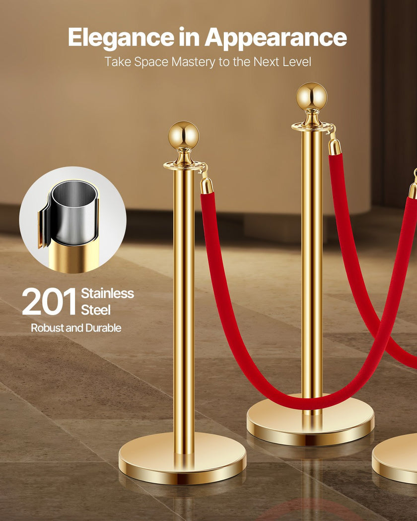VEVOR 4 Pcs Gold Stanchion Post 2 Red Velvet Ropes Sand Injection Hollow Base