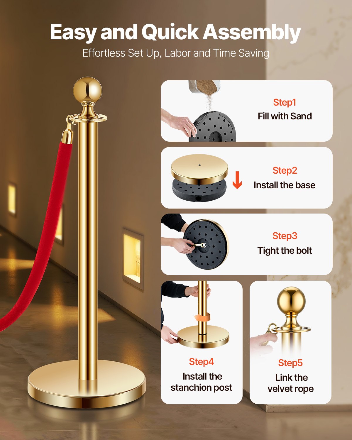 VEVOR 4 Pcs Gold Stanchion Post 2 Red Velvet Ropes Sand Injection Hollow Base