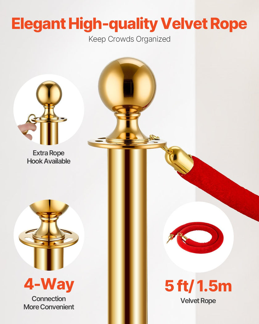 VEVOR 4 Pcs Gold Stanchion Post 2 Red Velvet Ropes Sand Injection Hollow Base