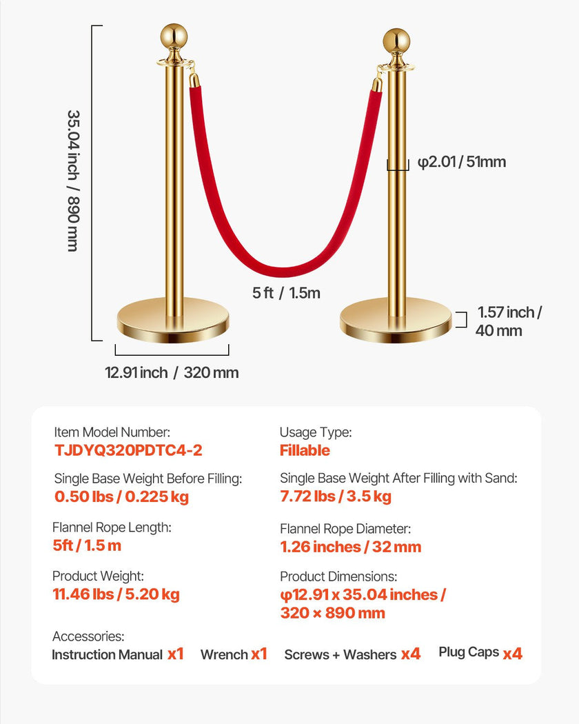 VEVOR 4 Pcs Gold Stanchion Post 2 Red Velvet Ropes Sand Injection Hollow Base