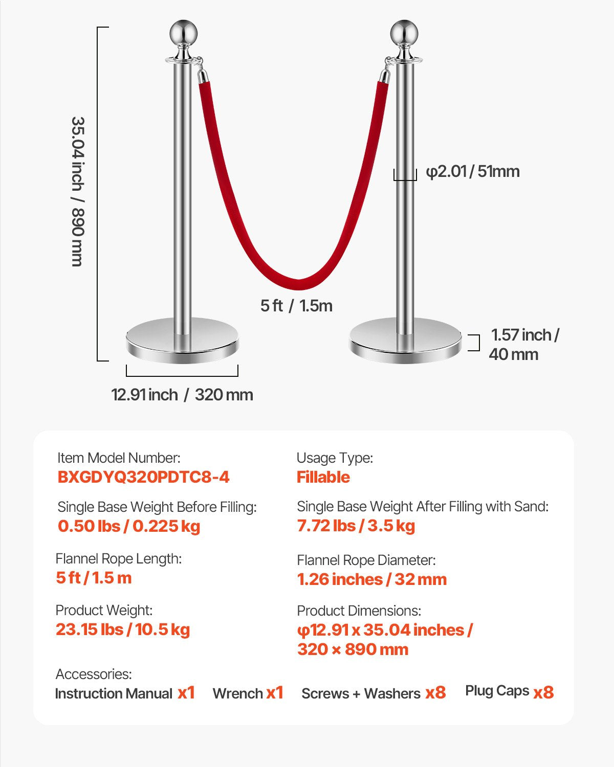 VEVOR 8 Pcs Silver Stanchion Post 4 Red Velvet Ropes Sand Injection Hollow Base