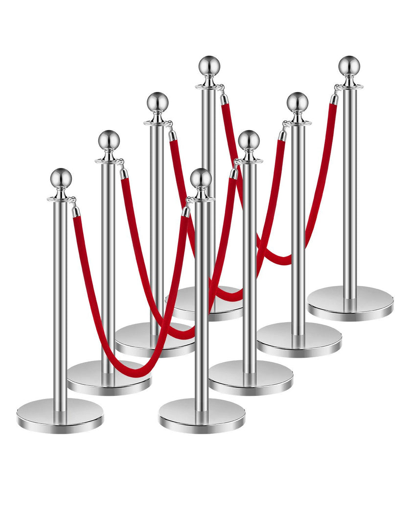 VEVOR 8 Pcs Silver Stanchion Post 4 Red Velvet Ropes Sand Injection Hollow Base