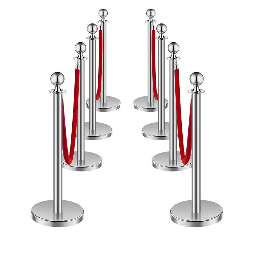 VEVOR 8 Pcs Silver Stanchion Post 4 Red Velvet Ropes Sand Injection Hollow Base