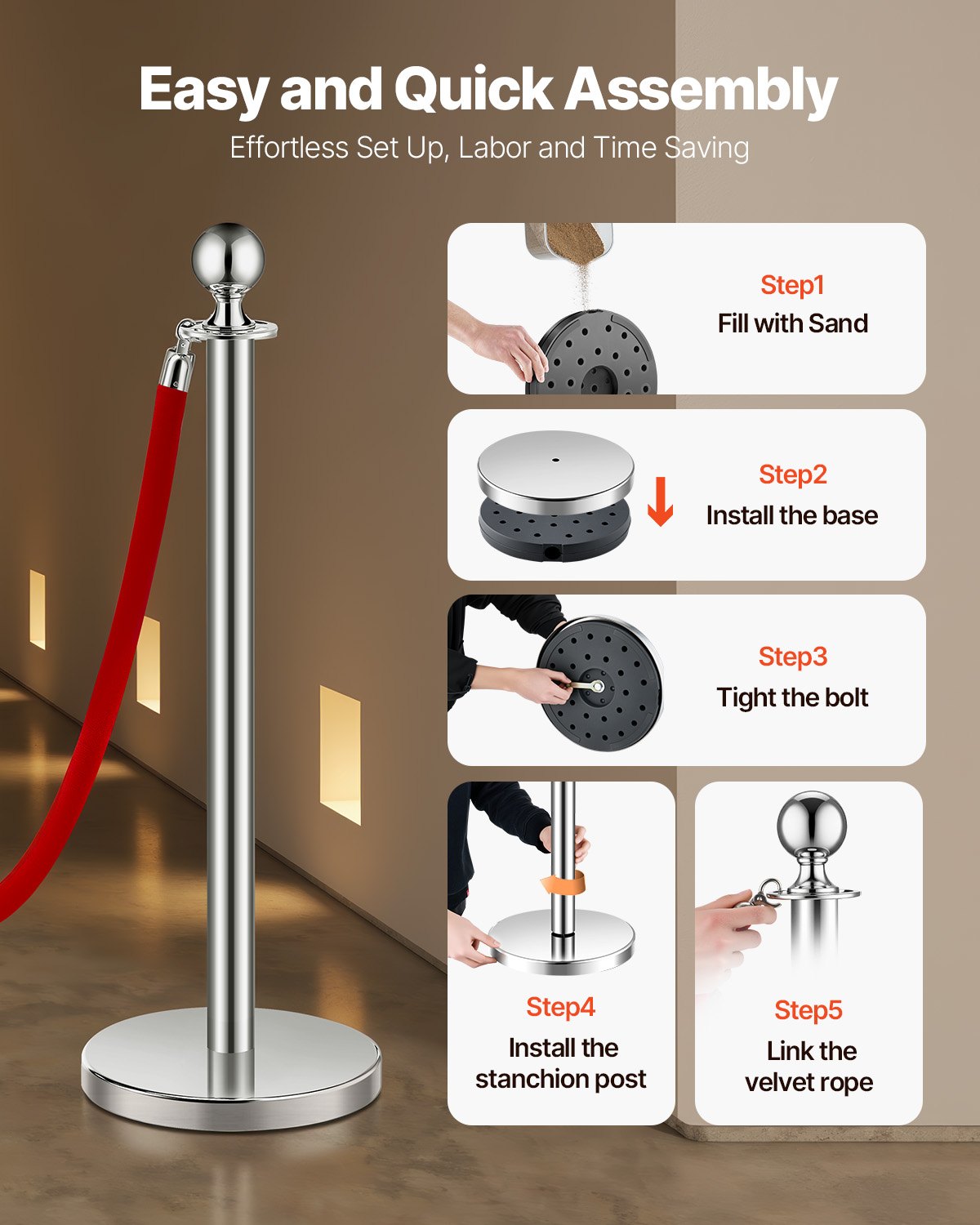 VEVOR 4 Pcs Silver Stanchion Post 2 Red Velvet Ropes Sand Injection Hollow Base