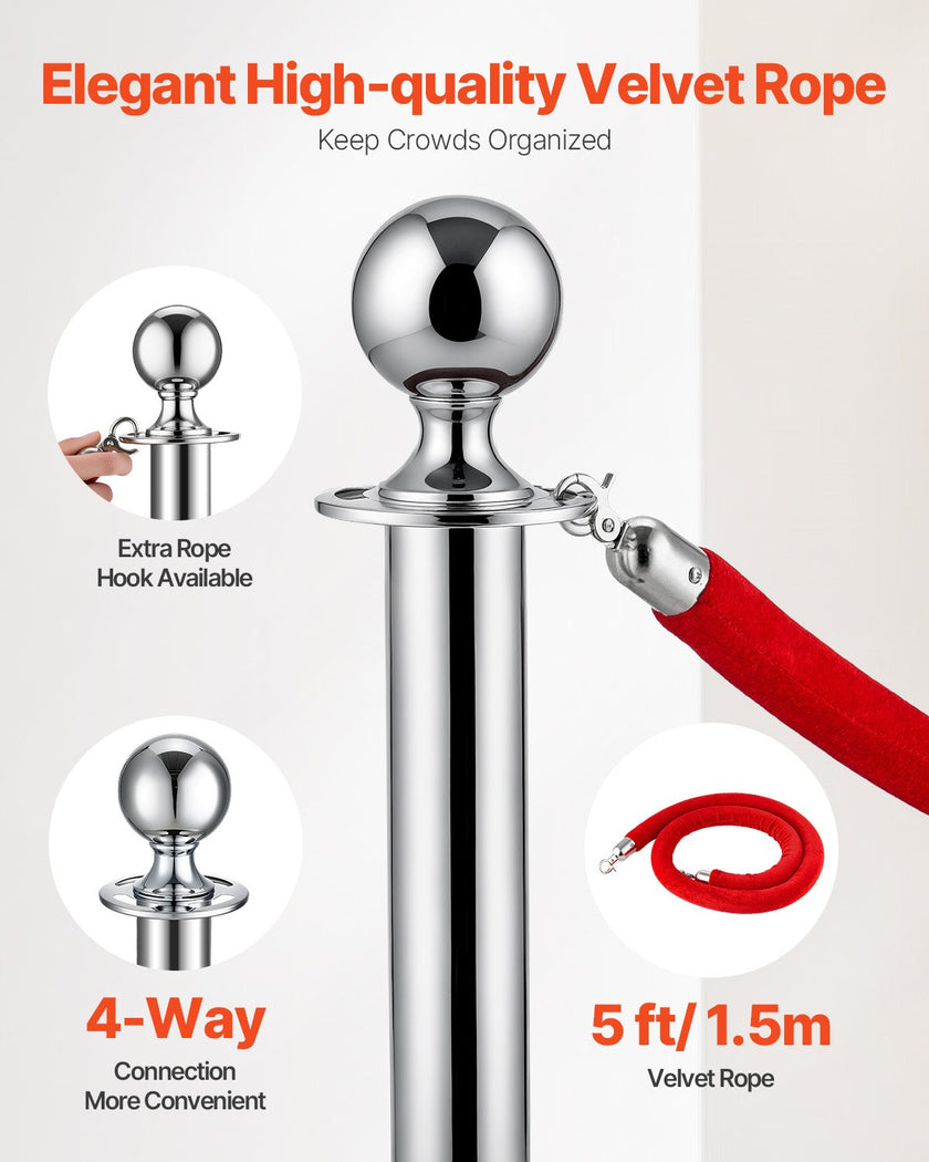 VEVOR 4 Pcs Silver Stanchion Post 2 Red Velvet Ropes Sand Injection Hollow Base
