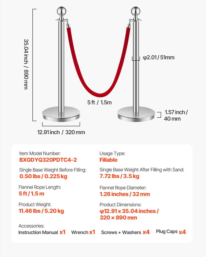 VEVOR 4 Pcs Silver Stanchion Post 2 Red Velvet Ropes Sand Injection Hollow Base