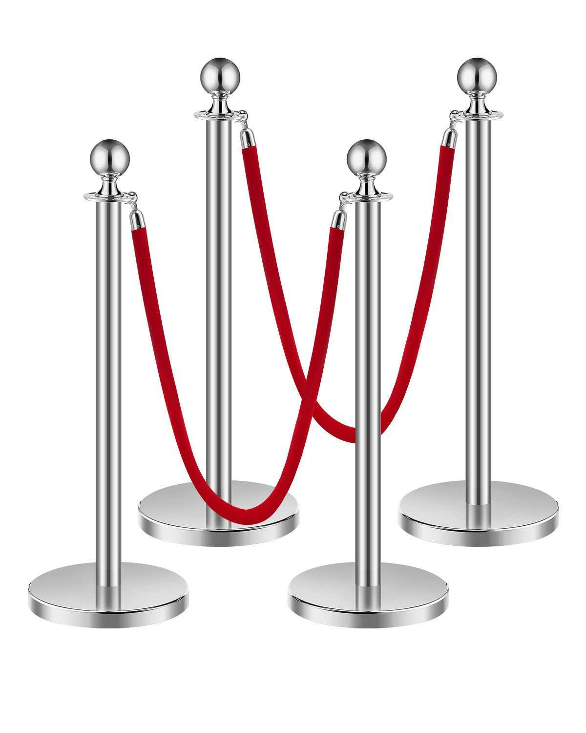 VEVOR 4 Pcs Silver Stanchion Post 2 Red Velvet Ropes Sand Injection Hollow Base