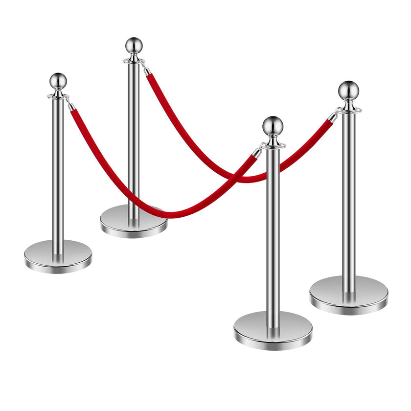 VEVOR 4 Pcs Silver Stanchion Post 2 Red Velvet Ropes Sand Injection Hollow Base