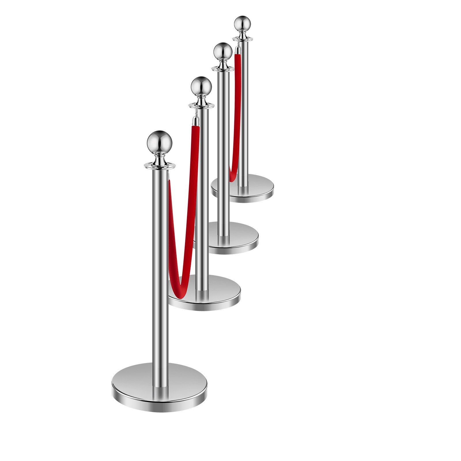VEVOR 4 Pcs Silver Stanchion Post 2 Red Velvet Ropes Sand Injection Hollow Base
