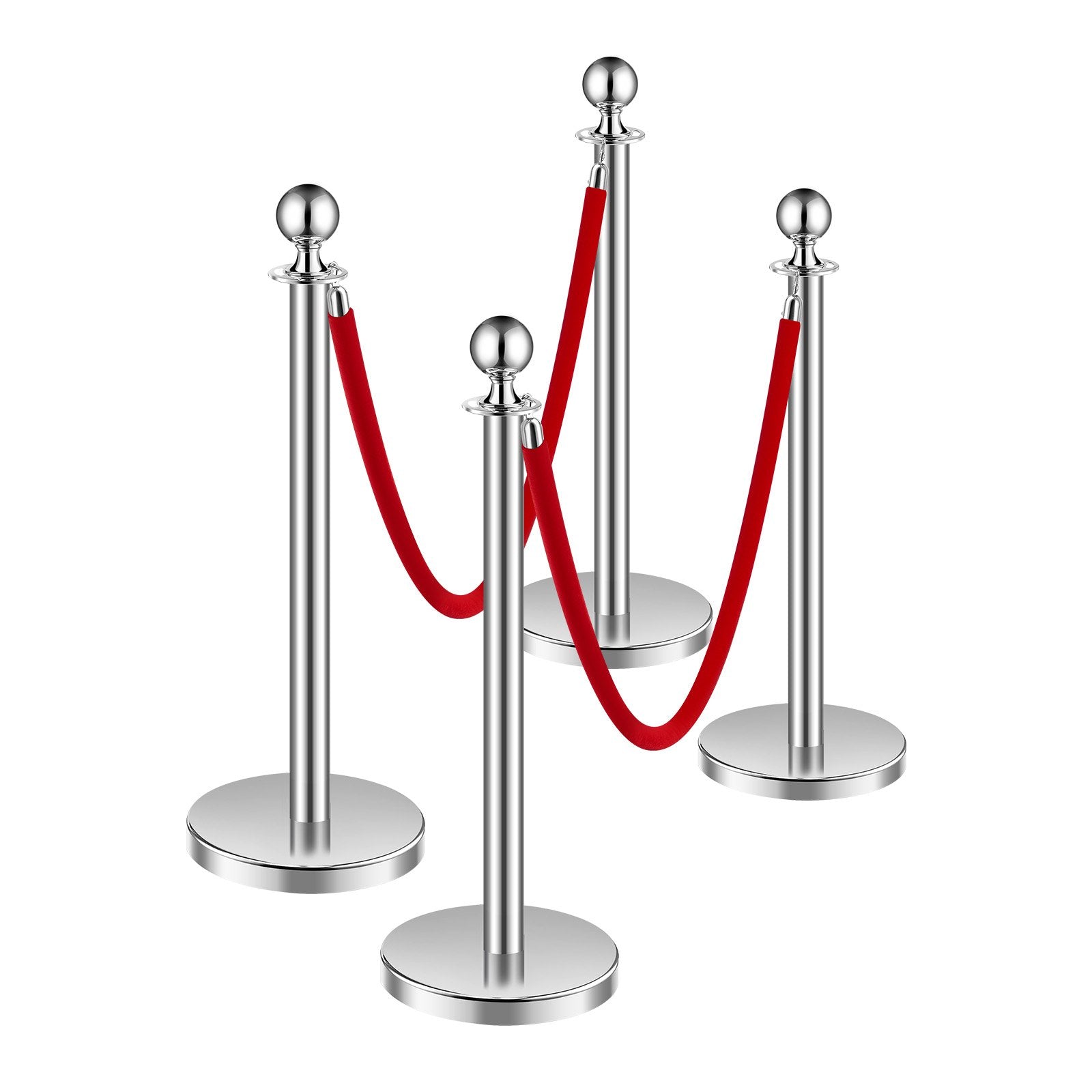VEVOR 4 Pcs Silver Stanchion Post 2 Red Velvet Ropes Sand Injection Hollow Base