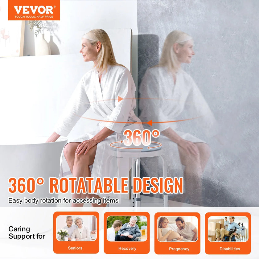 VEVOR Shower Chair 360 Degree Rotating, Adjustable Height Shower Stool Seat, Bath Chair for Inside Shower or Tub, Non-Slip Bench Bathtub Seat Stool for Elderly Disabled Handicap, 300 lbs Capacity