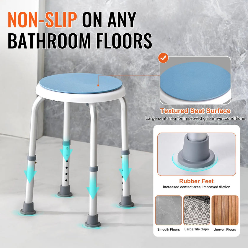 VEVOR Shower Chair 360 Degree Rotating, Adjustable Height Shower Stool Seat, Bath Chair for Inside Shower or Tub, Non-Slip Bench Bathtub Seat Stool for Elderly Disabled Handicap, 300 lbs Capacity