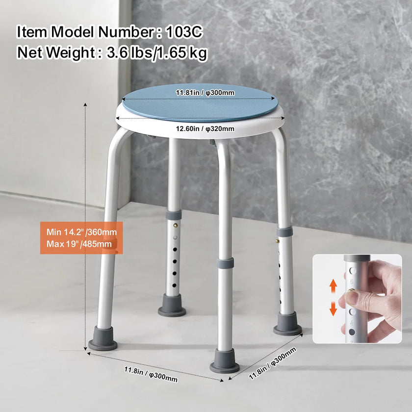 VEVOR Shower Chair 360 Degree Rotating, Adjustable Height Shower Stool Seat, Bath Chair for Inside Shower or Tub, Non-Slip Bench Bathtub Seat Stool for Elderly Disabled Handicap, 300 lbs Capacity