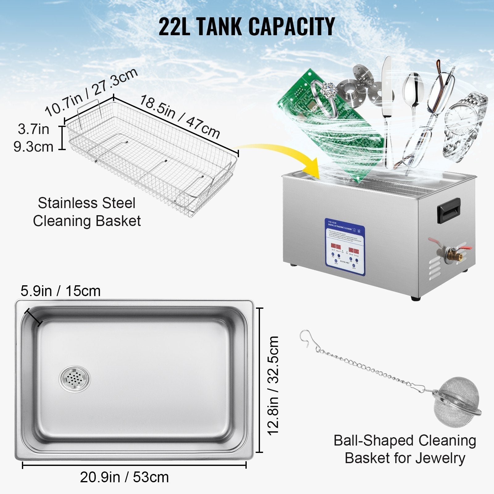VEVOR Digital Ultrasonic Cleaner 22L Ultrasonic Cleaning Machine 40kHz Sonic Cleaner Machine 316 & 304 Stainless Steel Ultrasonic Cleaner Machine with Heater & Timer for Cleaning Jewelry Glasses Watch